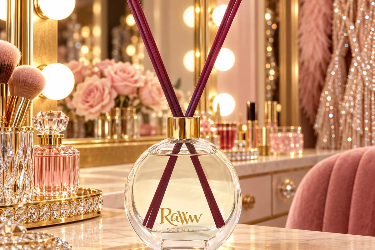 Dark Opal reed diffuser with berry reeds on a marble vanity in a glamorous dressing room with Hollywood mirror lights