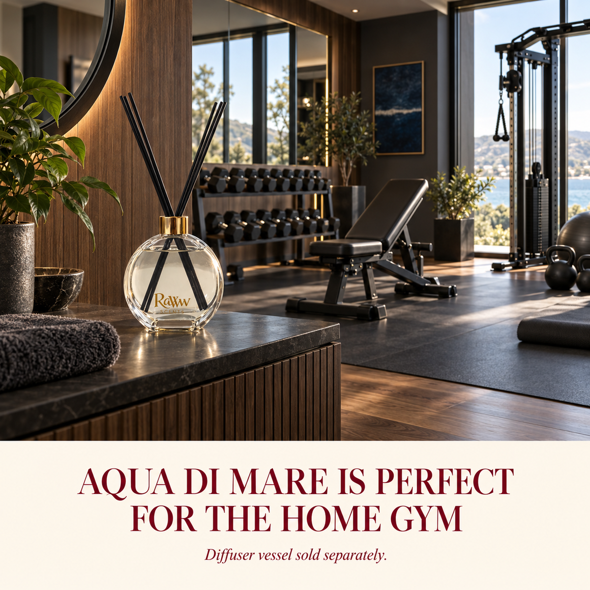 Aqua di Mare reed diffuser styled in a home gym