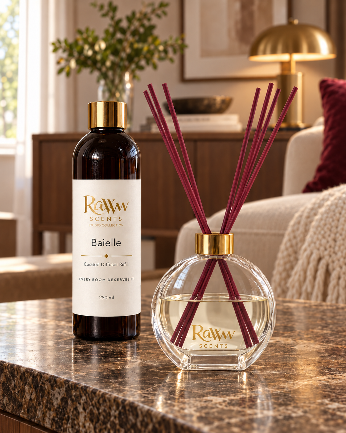 Raww Scents Baielle designer perfume inspired diffuser set, 200 mL glass vessel with 250 mL refill and reeds