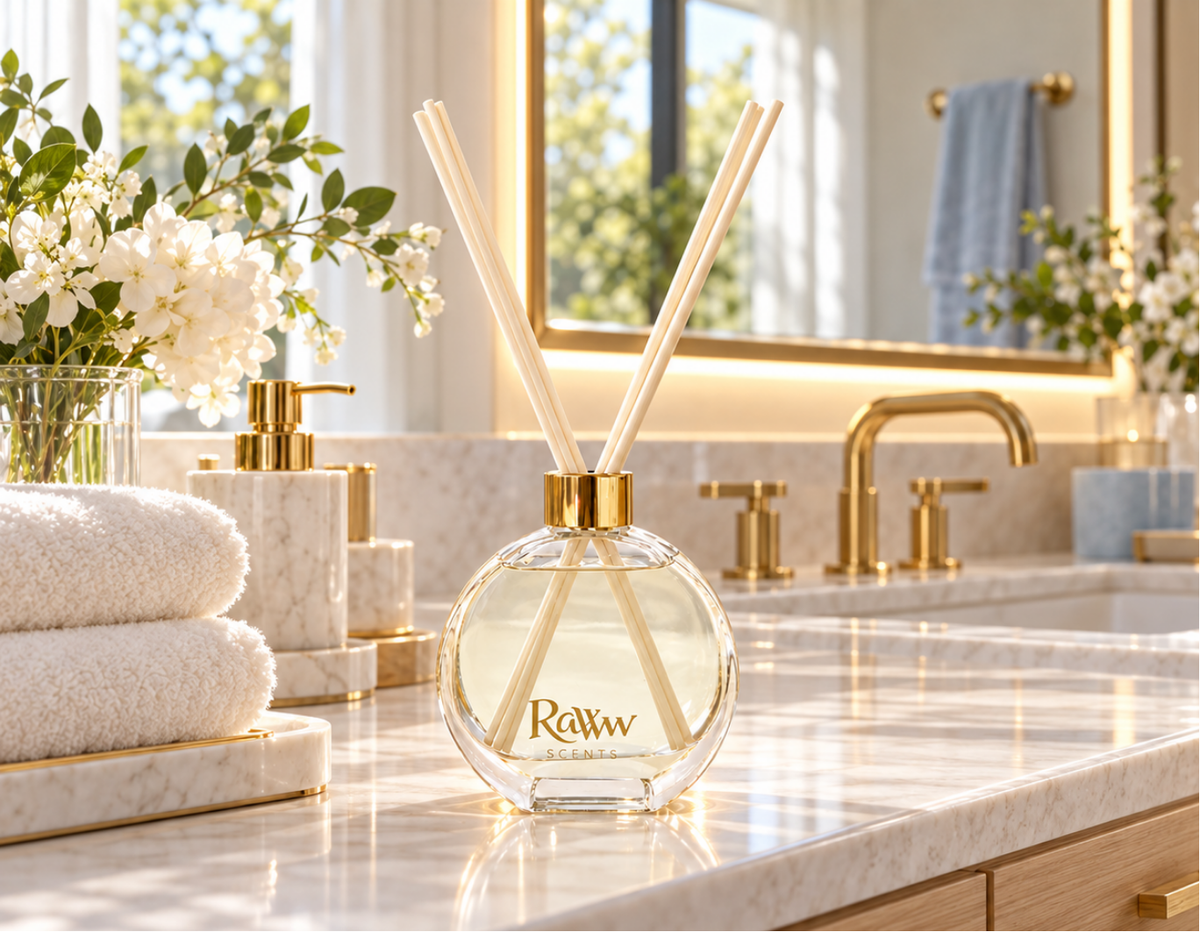 Raww Scents refill bottle beside a reusable glass diffuser vessel with reeds