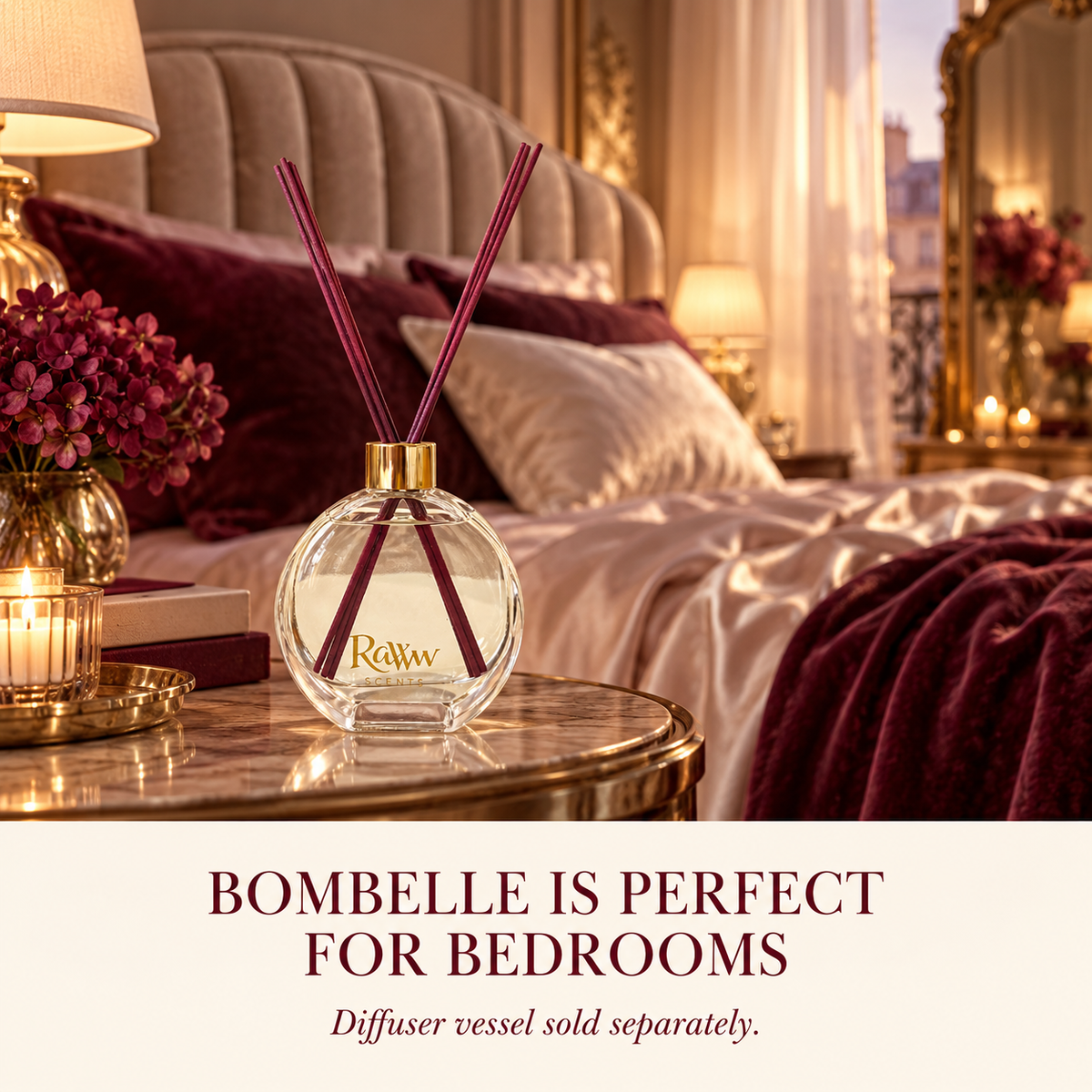 Bombelle reed diffuser styled in a bedroom