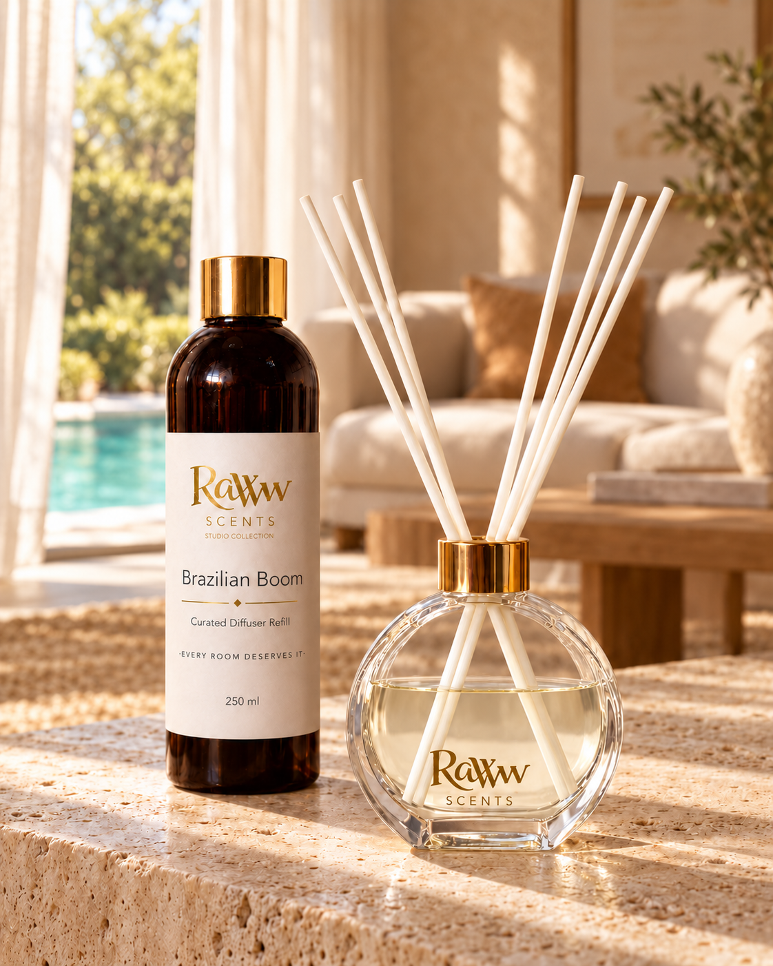 Raww Scents Copacabana designer perfume inspired diffuser set, 200 mL glass vessel with 250 mL refill and reeds
