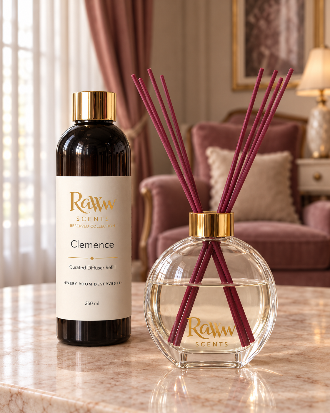 Raww Scents Clemence designer perfume inspired diffuser set, 200 mL glass vessel with 250 mL refill and reeds