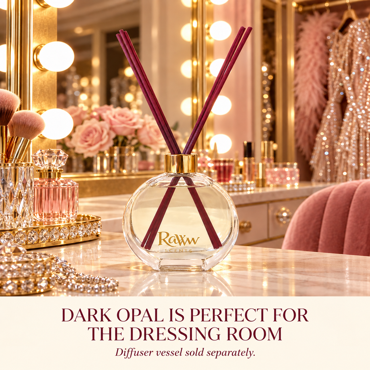 Dark Opal reed diffuser styled in a dressing room