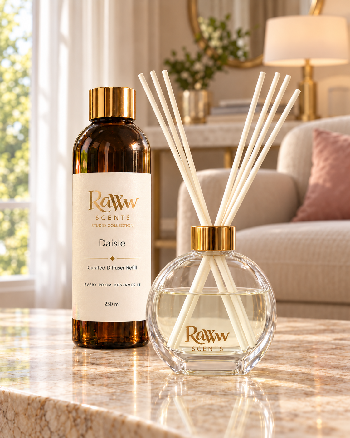 Raww Scents Daisie designer perfume inspired diffuser set, 200 mL glass vessel with 250 mL refill and reeds