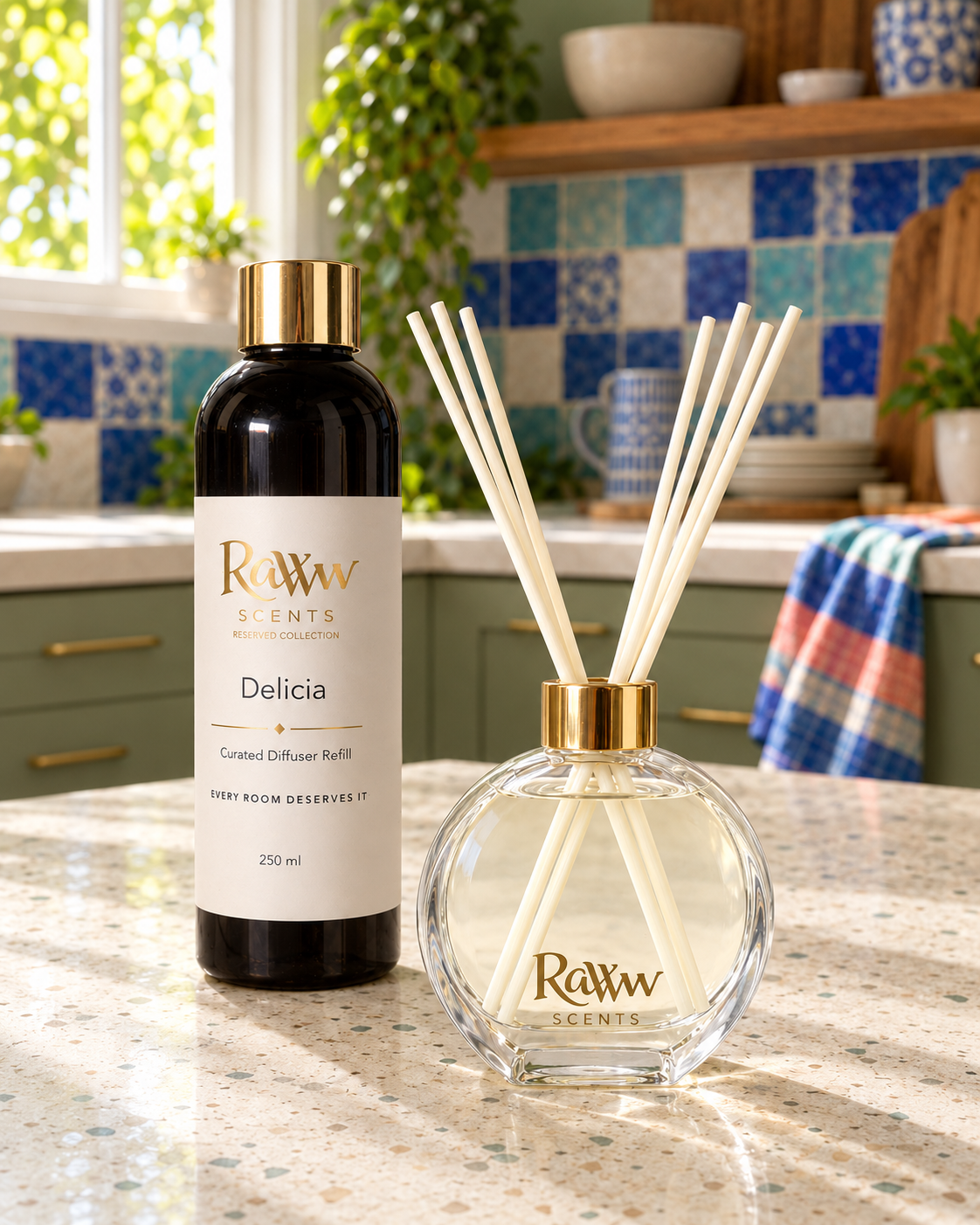 Raww Scents Delicia designer perfume inspired diffuser set, 200 mL glass vessel with 250 mL refill and reeds
