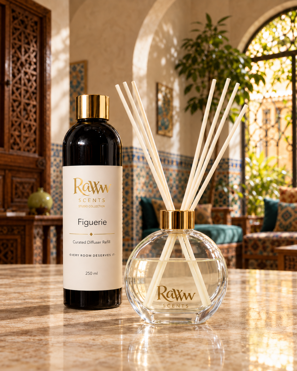 Raww Scents Figuerie designer perfume inspired diffuser set, 200 mL glass vessel with 250 mL refill and reeds
