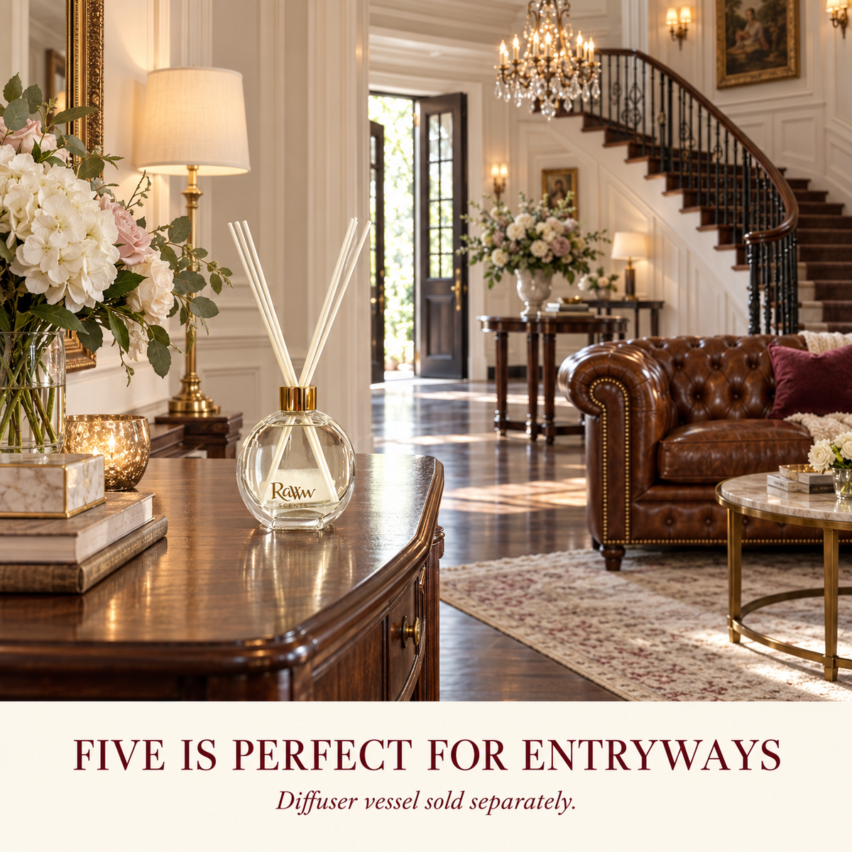 Five reed diffuser styled in an entryway