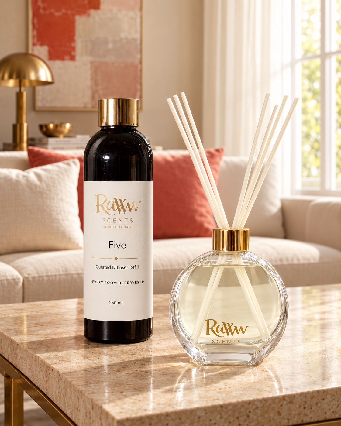 Raww Scents Five designer perfume inspired diffuser set, 200 mL glass vessel with 250 mL refill and reeds