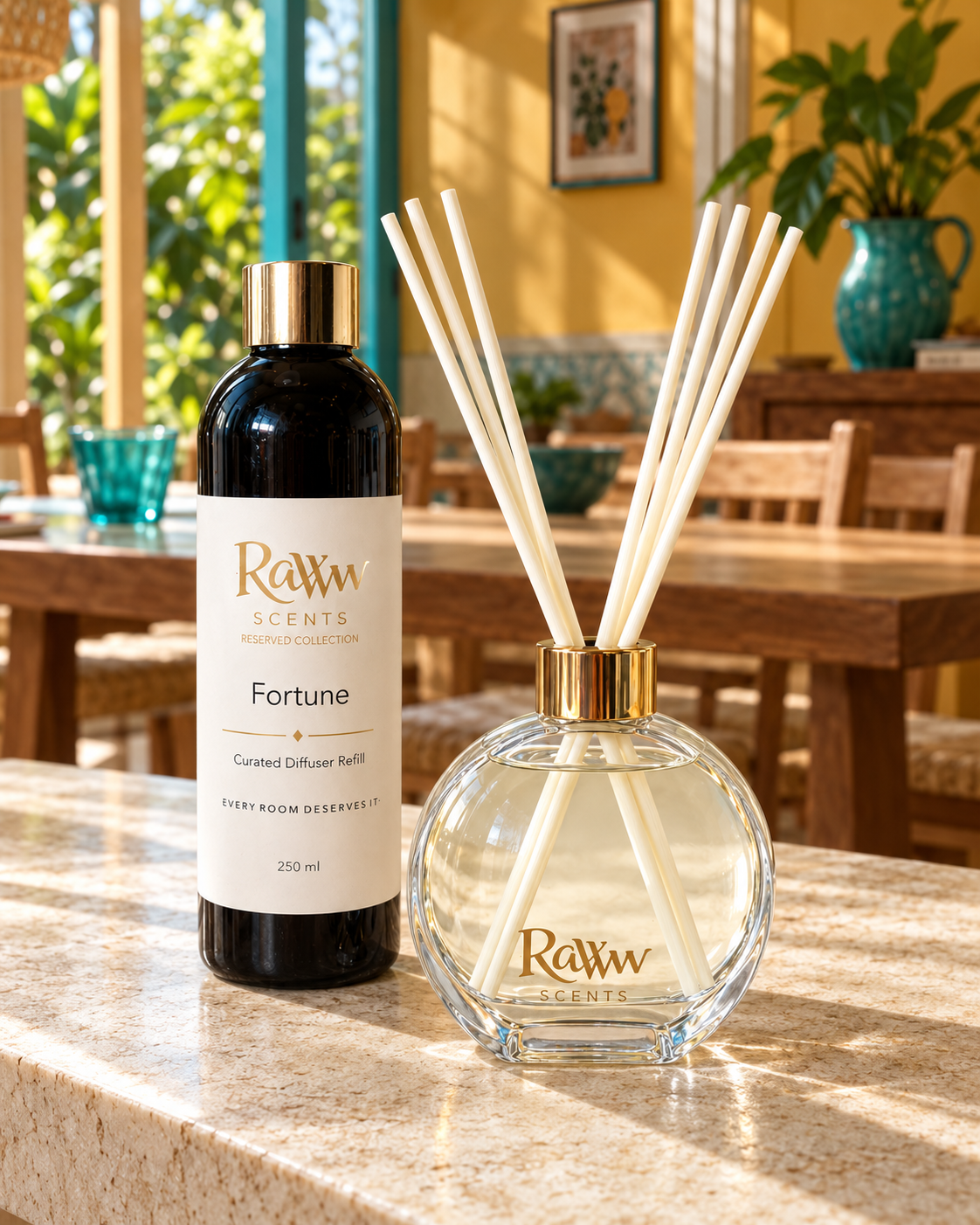 Raww Scents Fortune designer perfume inspired diffuser set, 200 mL glass vessel with 250 mL refill and reeds