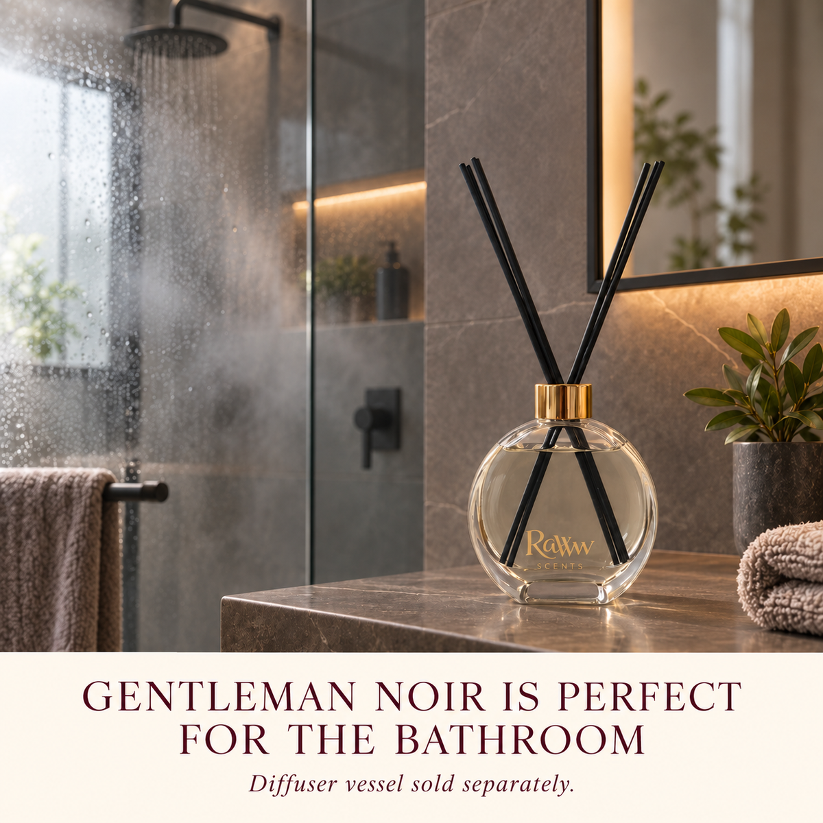 Gentleman Noir reed diffuser styled in a bathroom