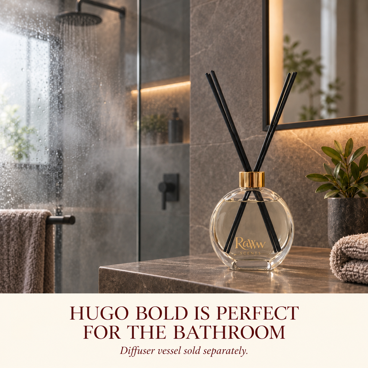 Tycoon reed diffuser styled in a bathroom