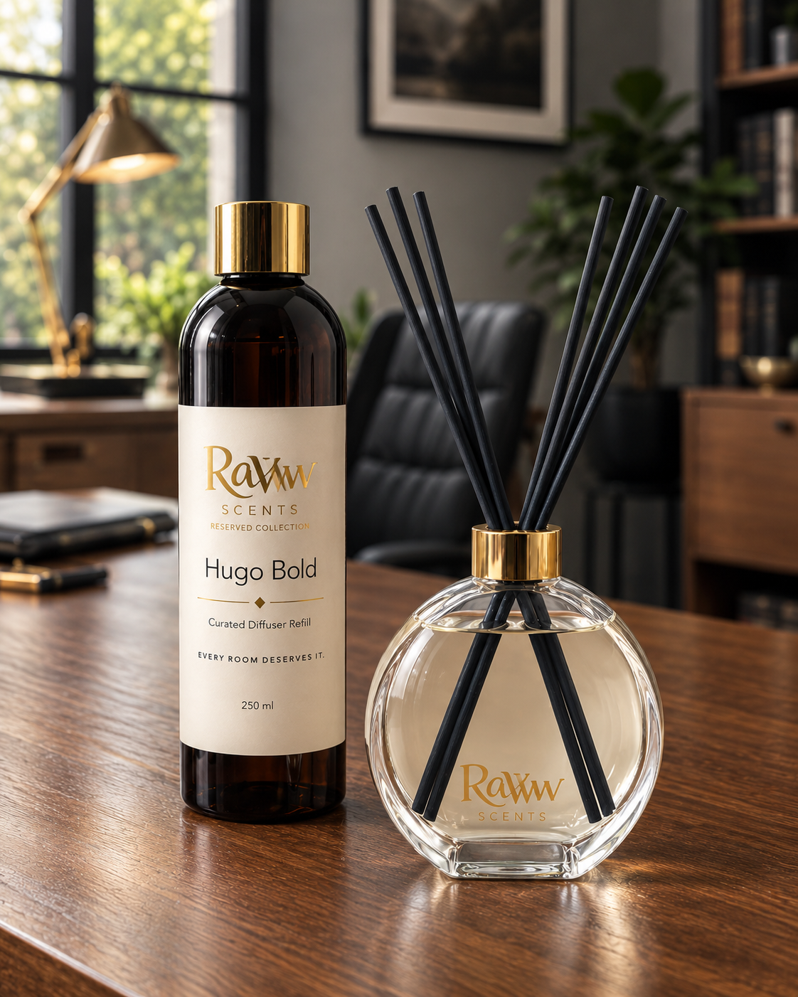 Raww Scents Tycoon designer perfume inspired diffuser set, 200 mL glass vessel with 250 mL refill and reeds