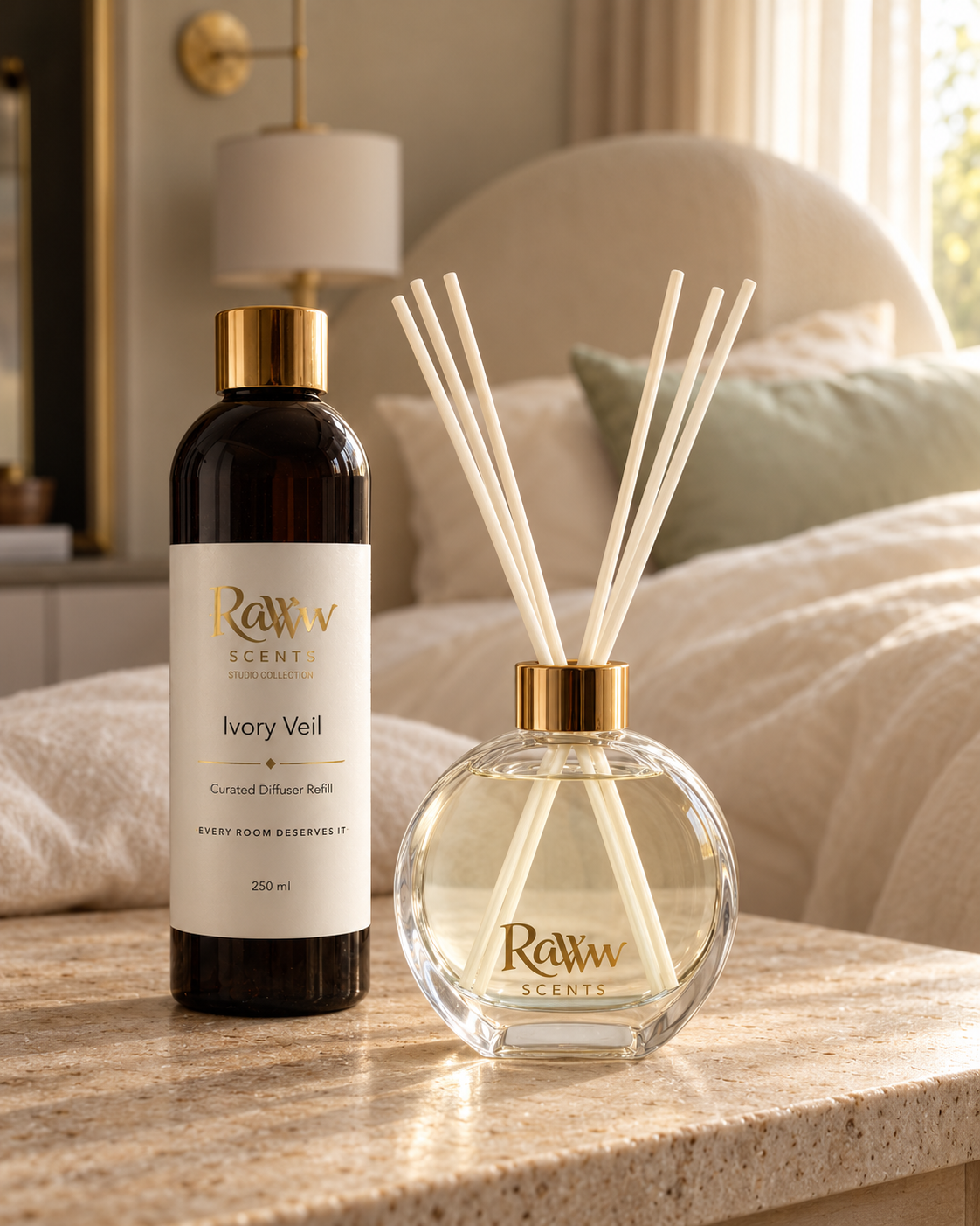 Raww Scents Ivory Veil designer perfume inspired diffuser set, 200 mL glass vessel with 250 mL refill and reeds
