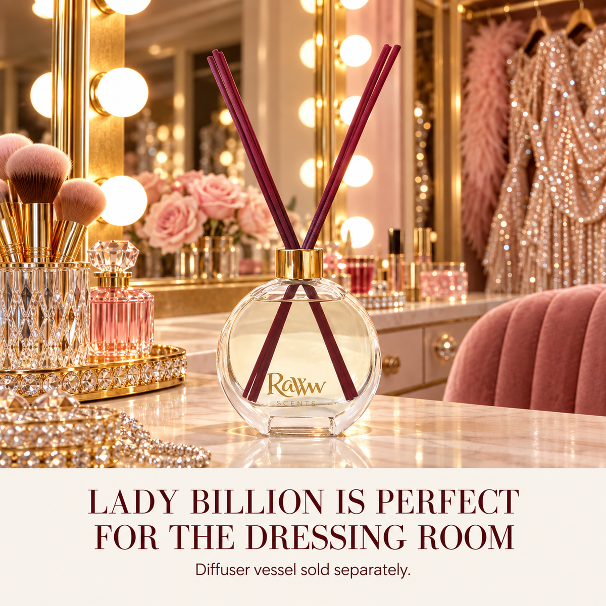 Gilded Grace reed diffuser styled in a dressing room