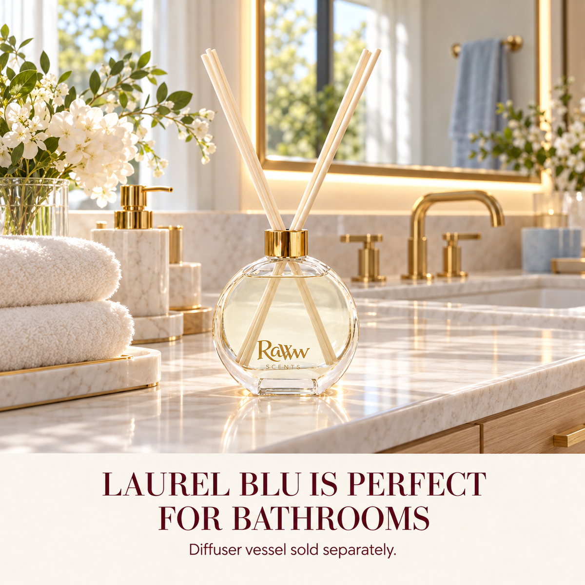 Laurel Blu reed diffuser styled in a bathroom