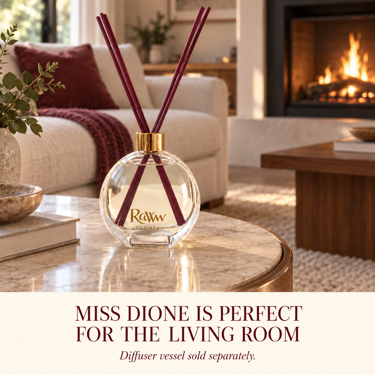 Dione reed diffuser styled in a living room