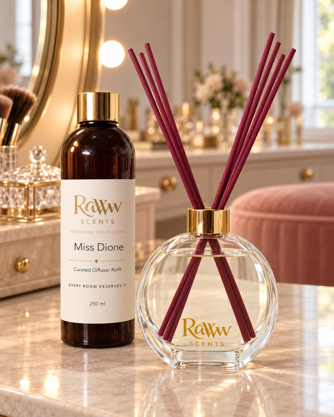 Raww Scents Dione designer perfume inspired diffuser set, 200 mL glass vessel with 250 mL refill and reeds