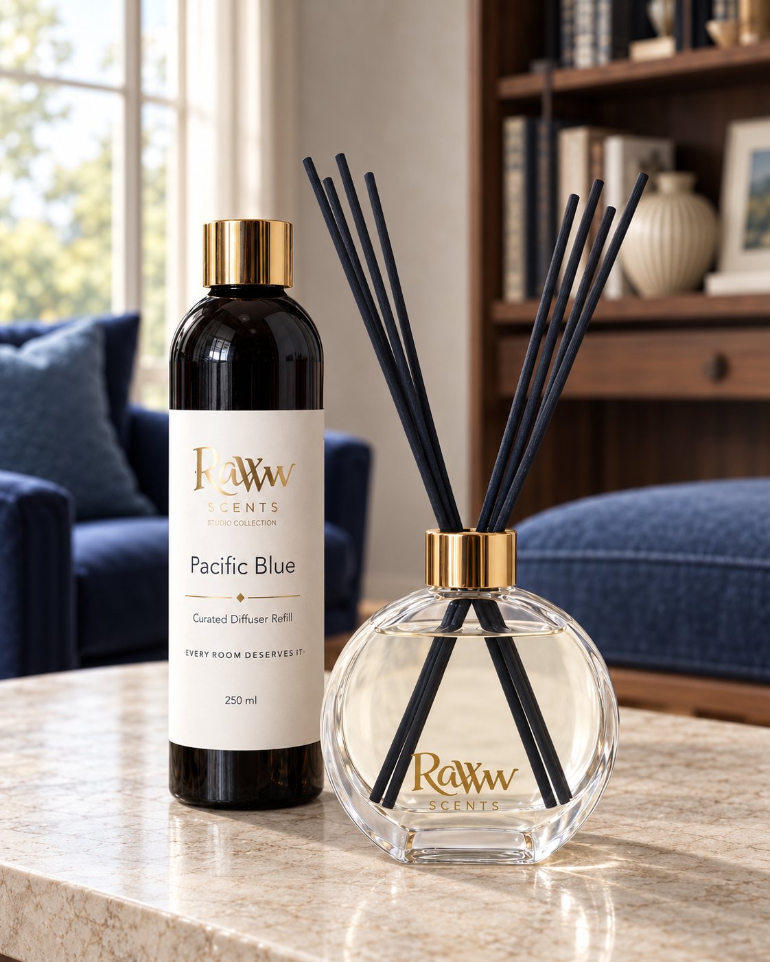 Raww Scents Pacific Blue designer perfume inspired diffuser set, 200 mL glass vessel with 250 mL refill and reeds