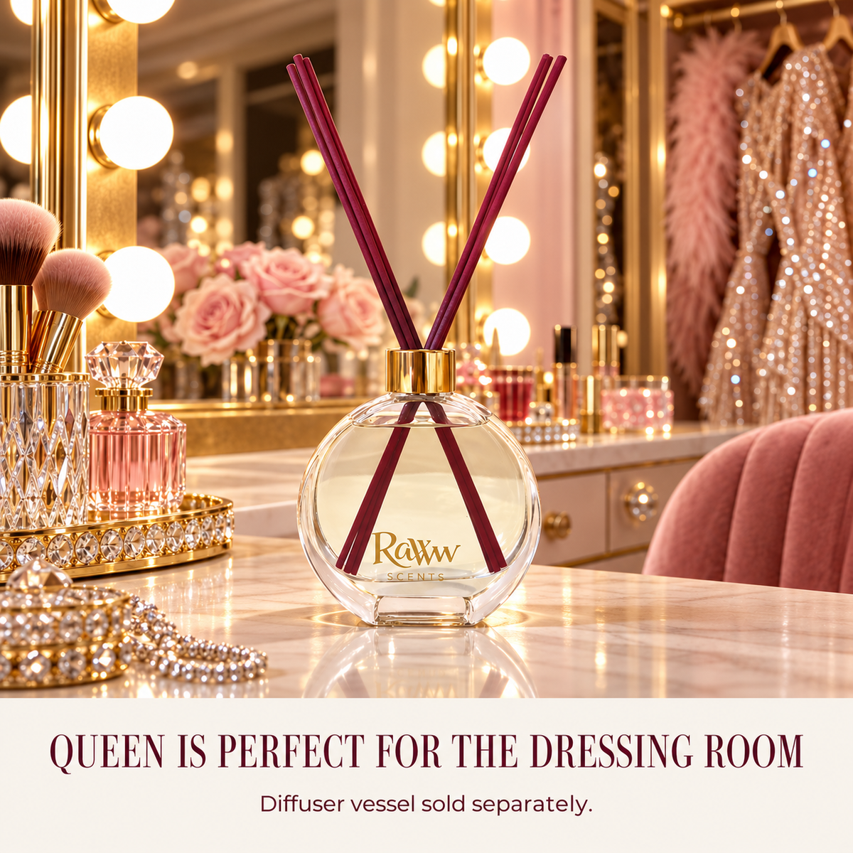 Queen reed diffuser styled in a dressing room