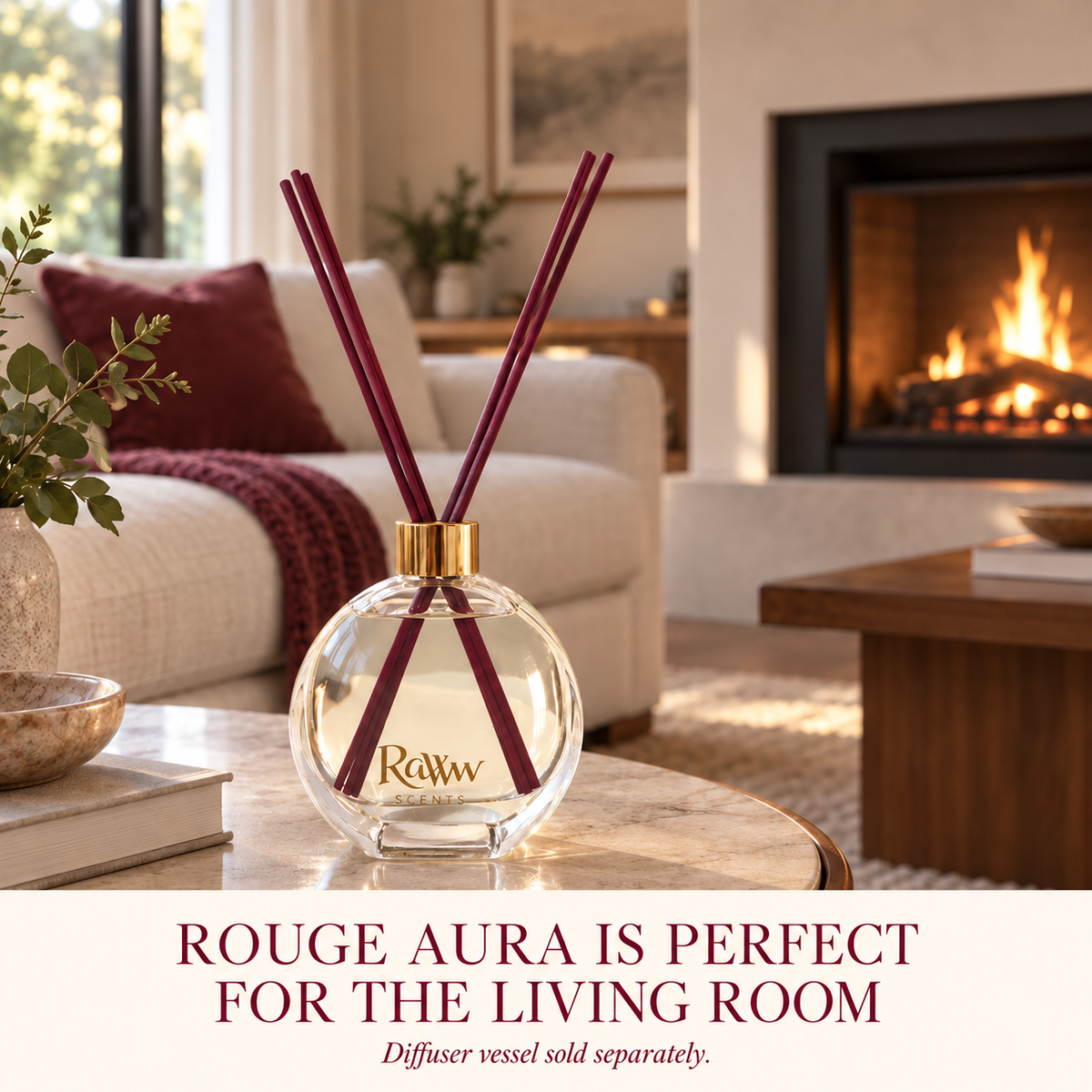 Rouge Aura reed diffuser styled in a living room