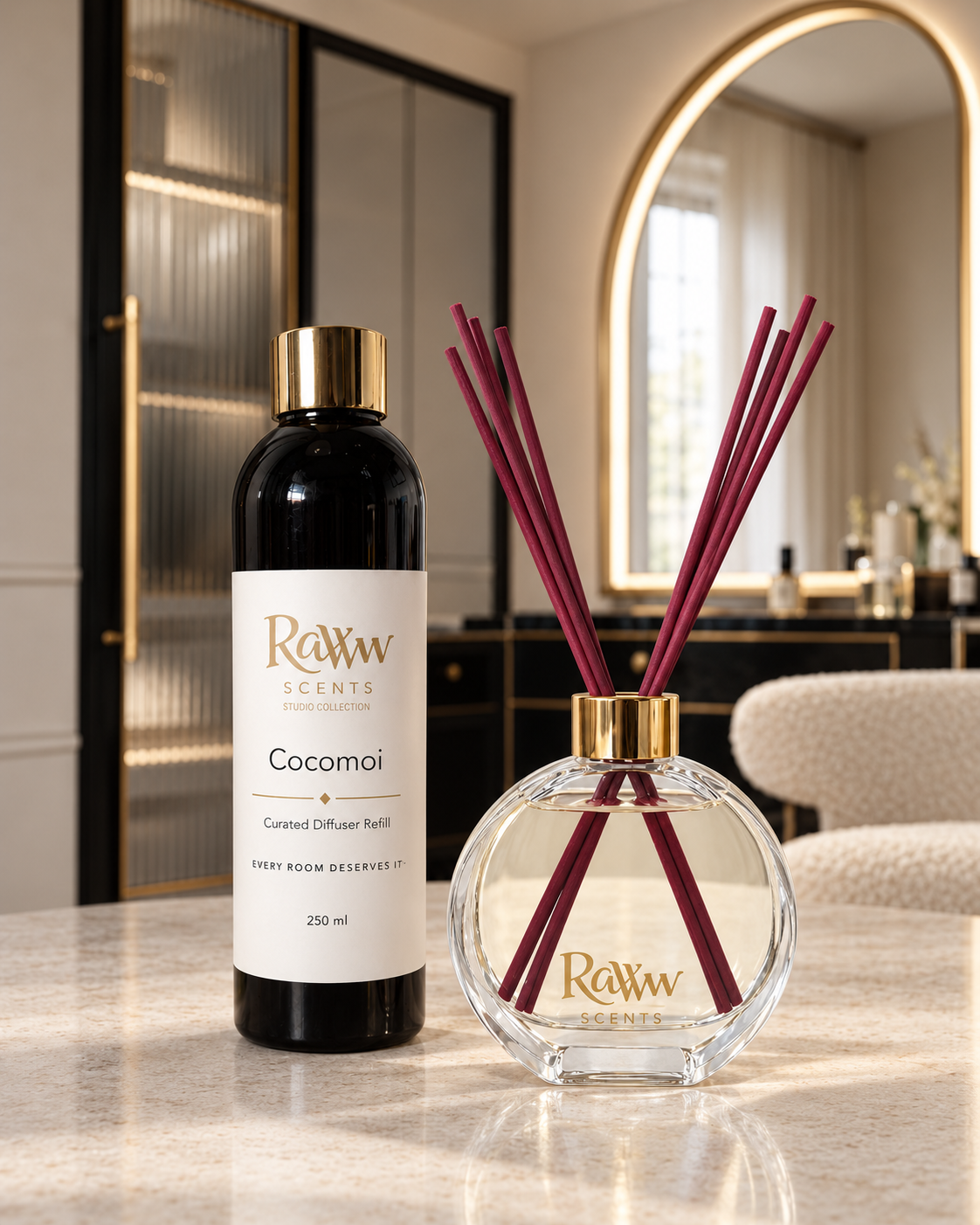 Raww Scents Cocomoi designer perfume inspired diffuser set, 200 mL glass vessel with 250 mL refill and reeds