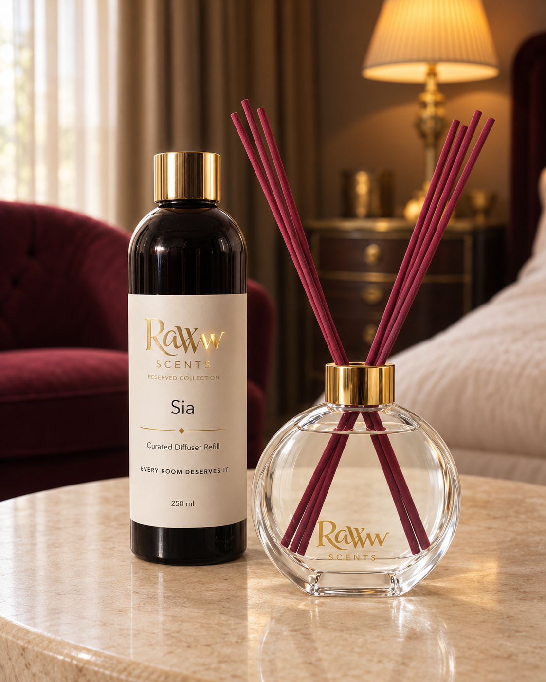 Raww Scents Sia designer perfume inspired diffuser set, 200 mL glass vessel with 250 mL refill and reeds