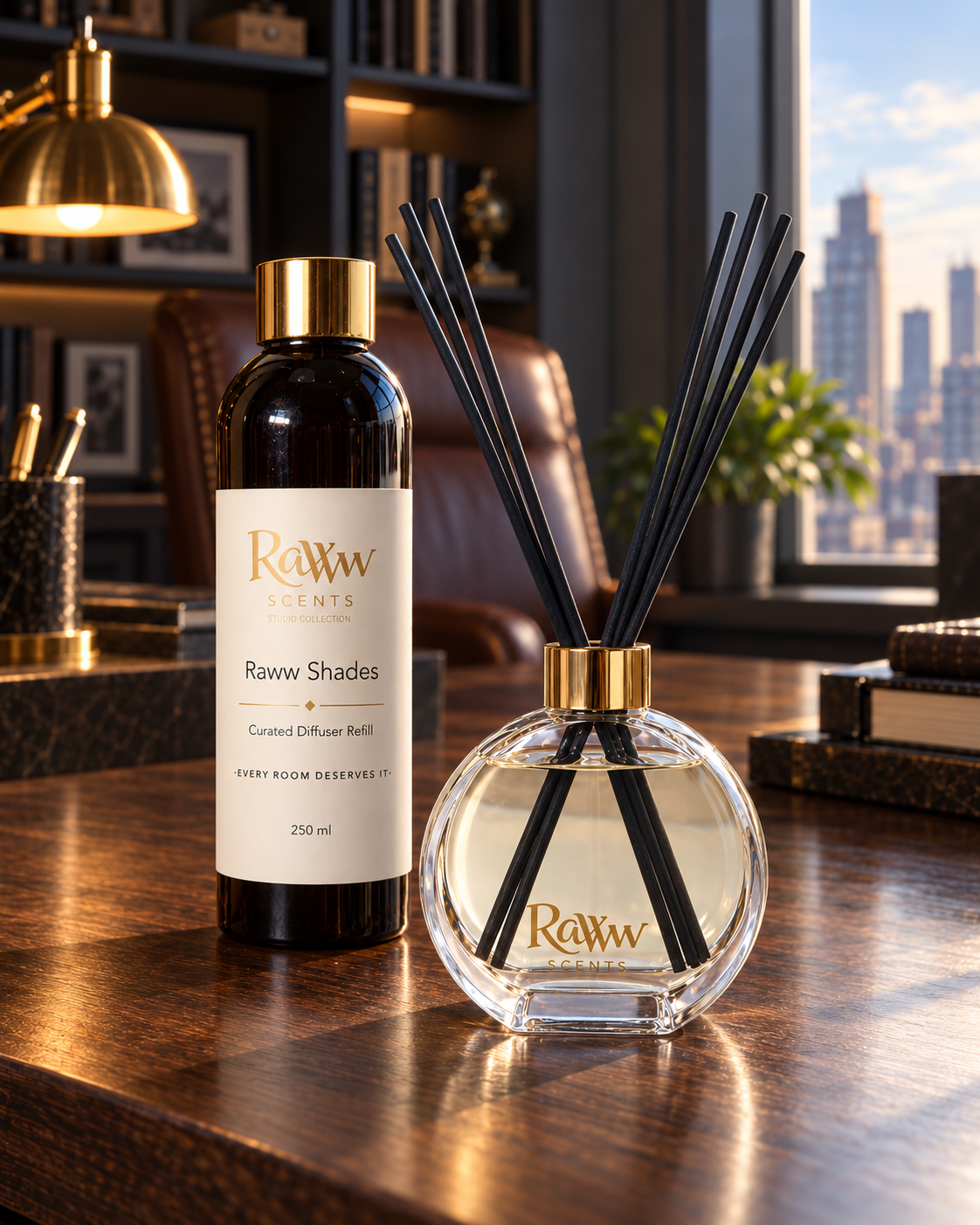 Raww Scents Raww Shades masculine diffuser set, 200 mL glass vessel with 250 mL refill and reeds