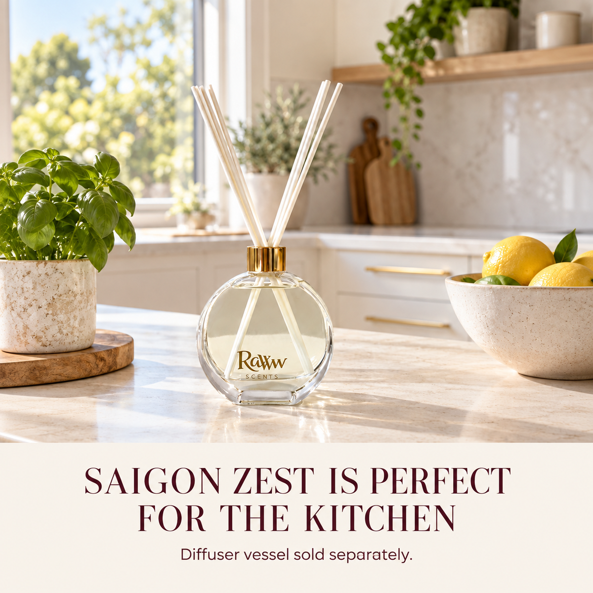 Saigon Zest reed diffuser styled in a kitchen