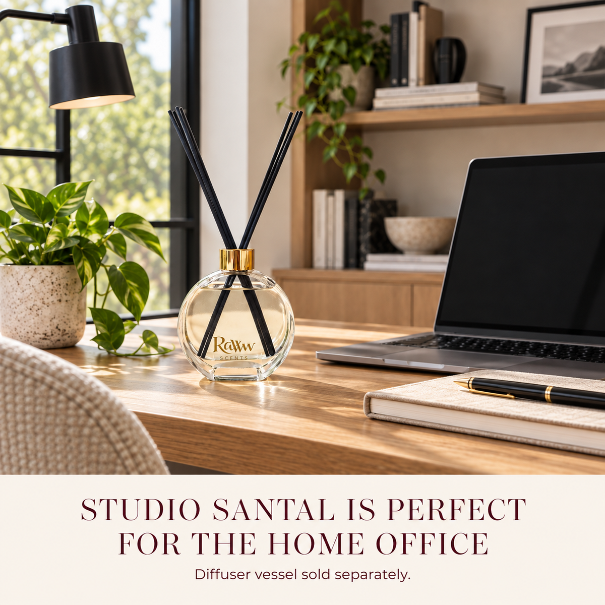 Studio Santal reed diffuser styled in a home office