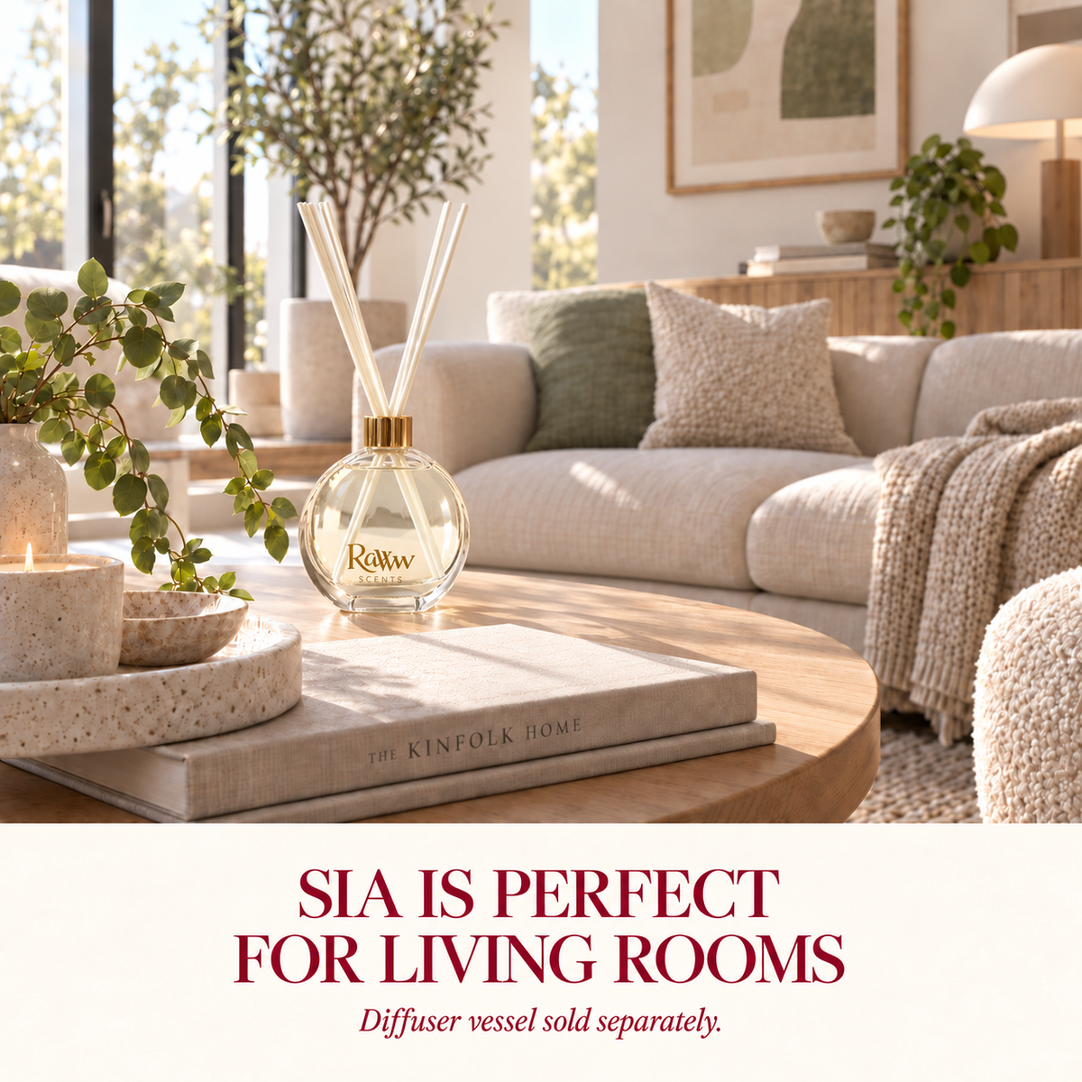 Sia reed diffuser styled in a living room