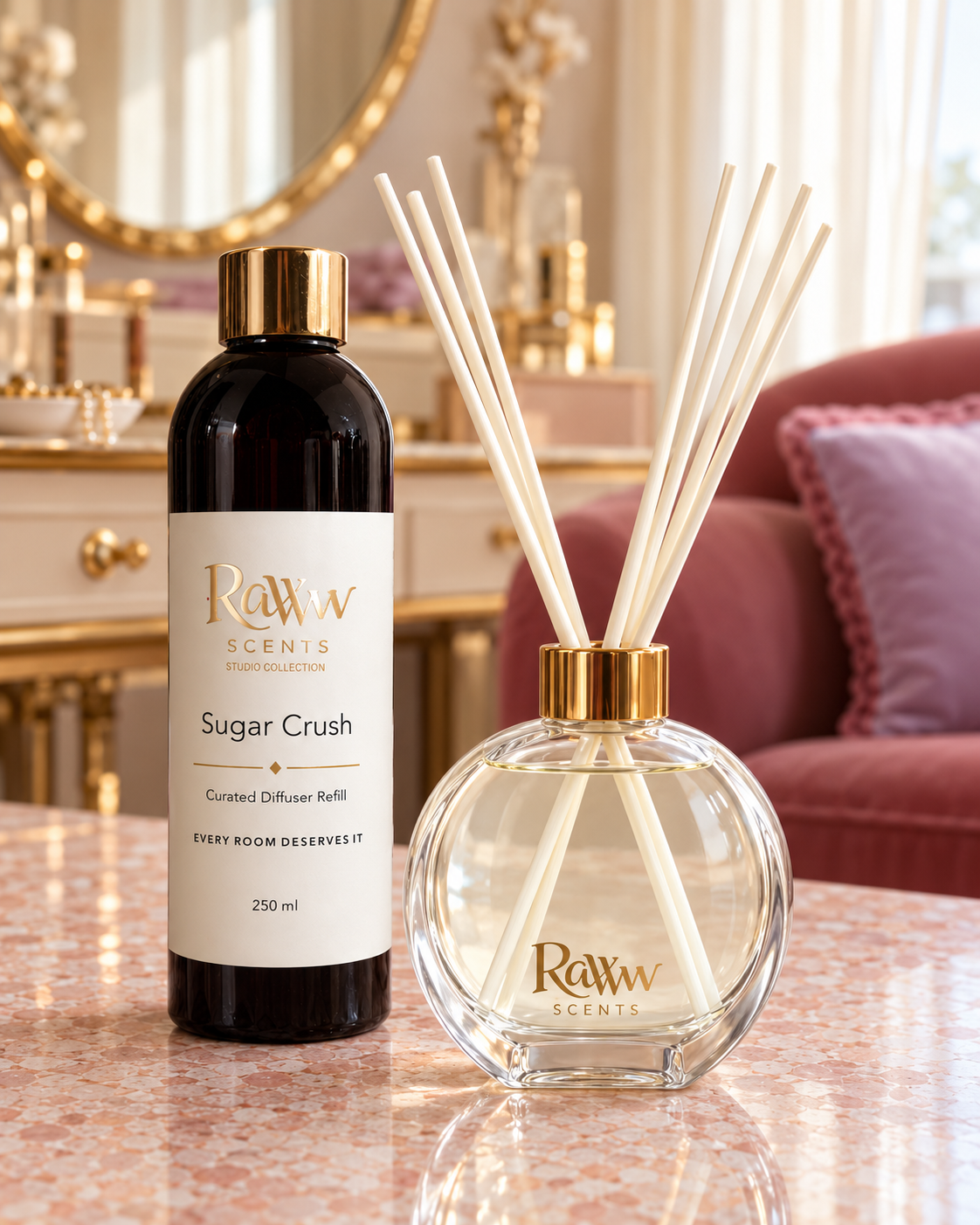 Raww Scents Sugar Crush designer perfume inspired diffuser set, 200 mL glass vessel with 250 mL refill and reeds
