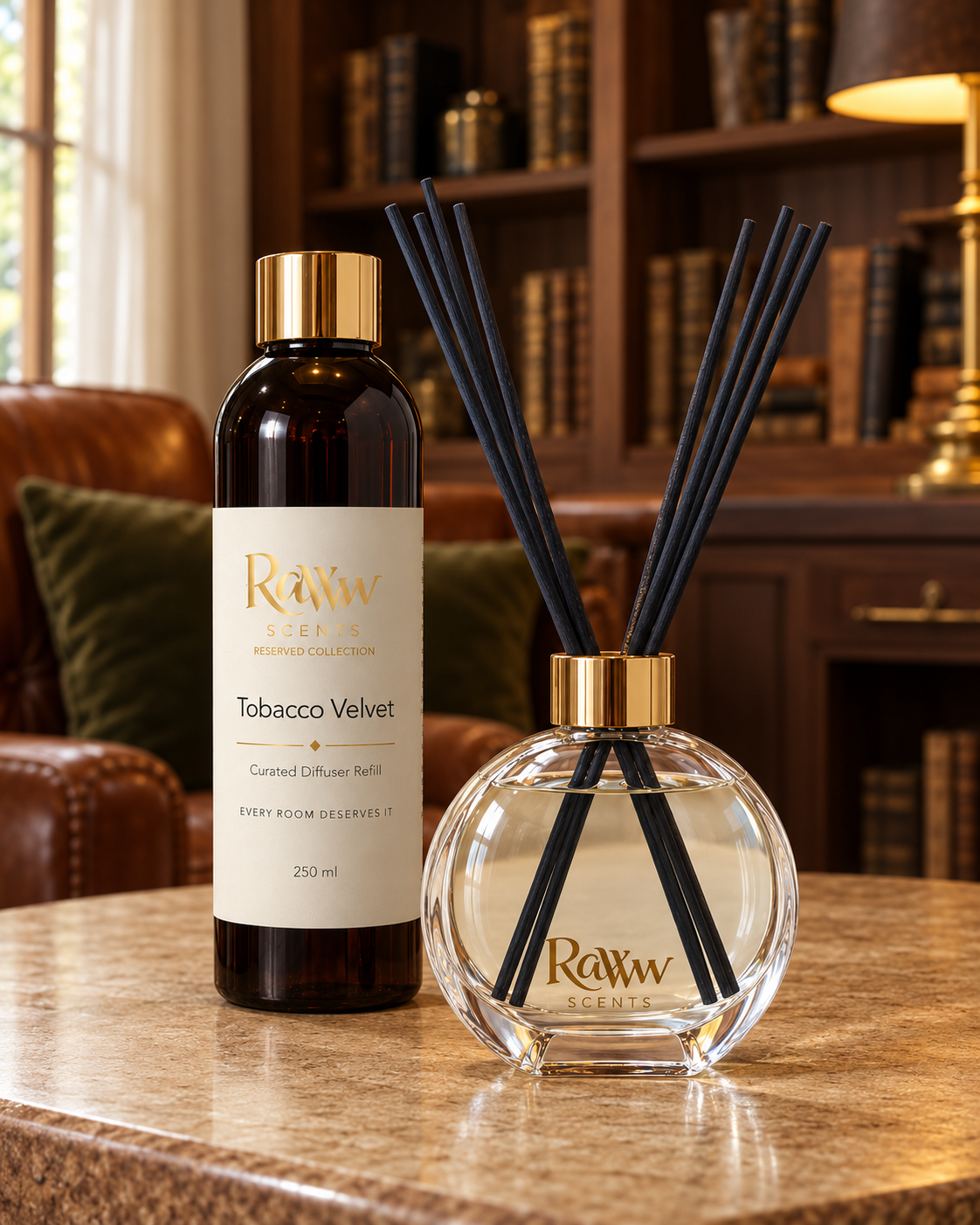Raww Scents Tobacco Velvet designer perfume inspired diffuser set, 200 mL glass vessel with 250 mL refill and reeds