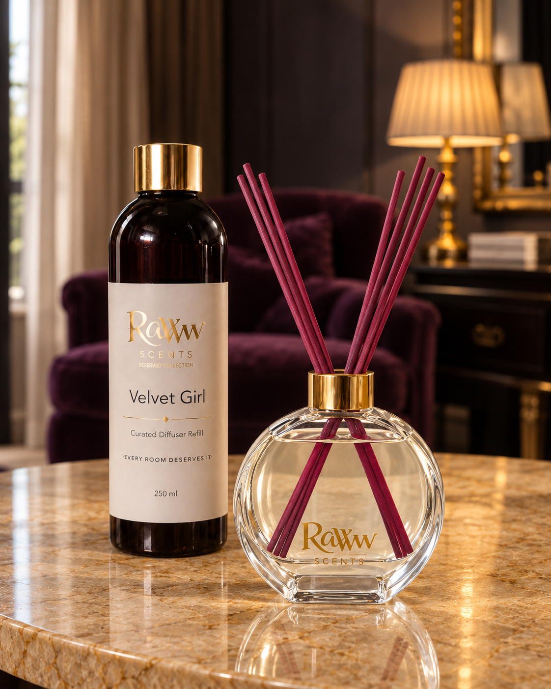 Raww Scents Velvet Girl designer perfume inspired diffuser set, 200 mL glass vessel with 250 mL refill and reeds