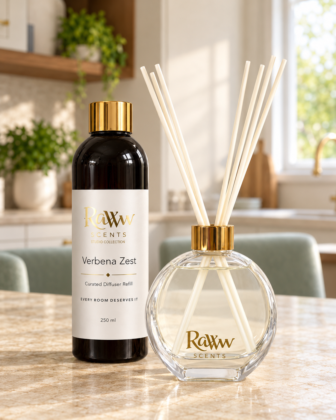 Raww Scents Verbena Zest designer perfume inspired diffuser set, 200 mL glass vessel with 250 mL refill and reeds